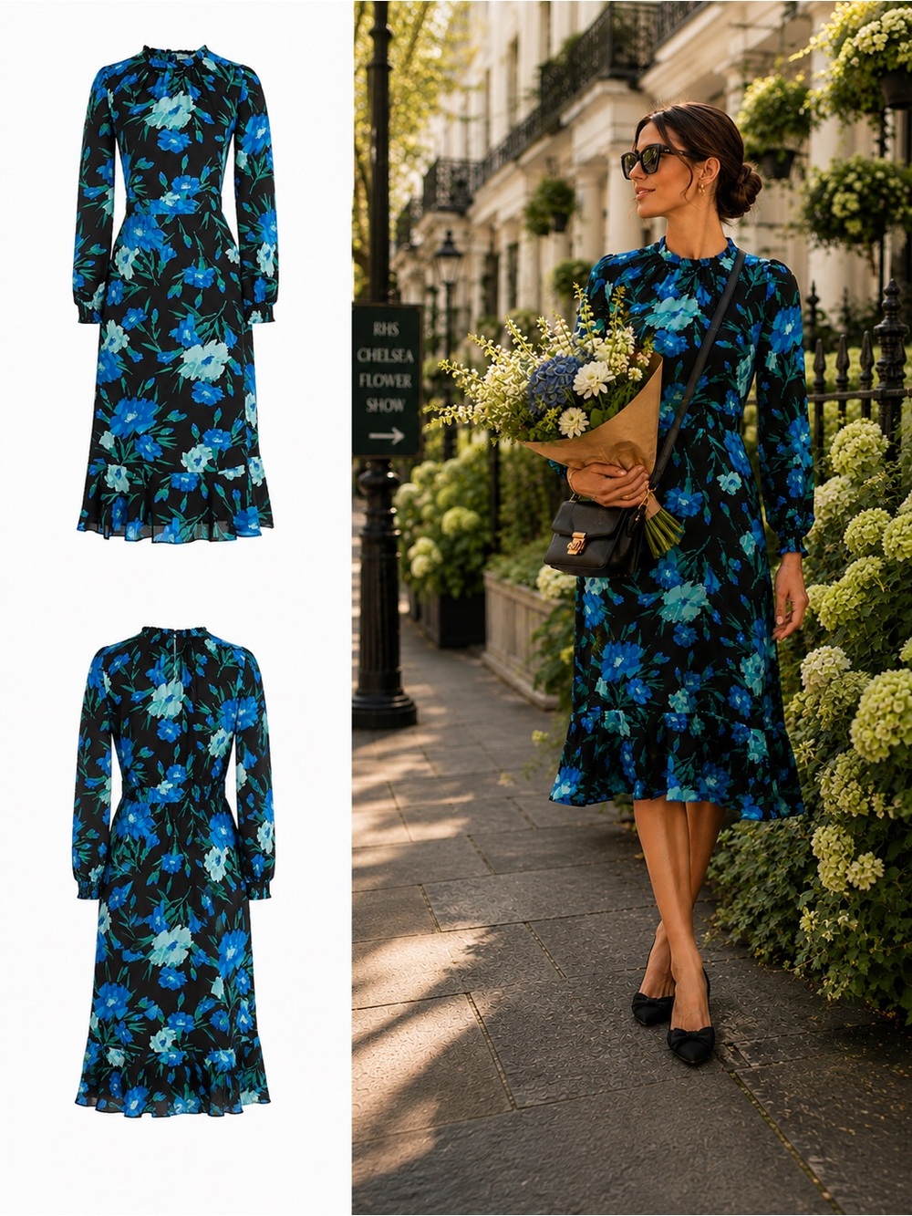 J.Crew Blue Floral Ruffle Neck Midi Dress 00 Long Sleeve Tiered Hem Lined NWOT